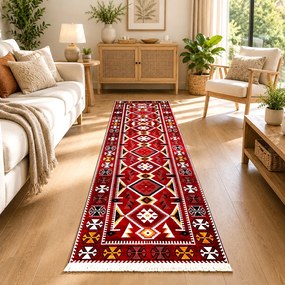 Traversă hol antiderapantă, 80x300 cm, Model Boho Roșu, TRV2312