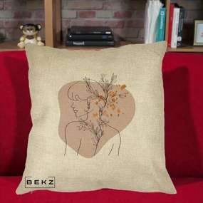 Perna Decorativa Femeie cu Flori Line Art Boho, 40x40 cm, Crem, Husa Detasabila, Perna Inclusa, BEKZ®
