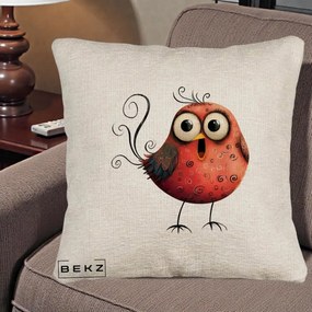 Perna Decorativa Pasare Rosie Exuberanta cu Spirale, 40x40 cm, Bej Canapea, Husa Detasabila, Perna Inclusa, BEKZ®