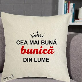Cadou pentru Bunica - Perna Personalizata Cea Mai Buna Bunica Din Lume Coroana Neagra, 40x40 cm, Ecru, Husa Detasabila, Perna Inclusa, BEKZ®