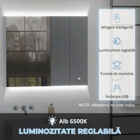 kleankin Dulap de baie cu oglindă și lumină LED, 90x15x75 cm, uși soft-close, reglabil în 3 culori, rafturi ajustabile, întrerupător tactil, alb | Aosom Romania