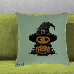 Perna Decorativa Halloween Dovleac Vrajitor Kawaii, 40x40 cm, Verde, Husa Detasabila, Perna Inclusa, BEKZ®