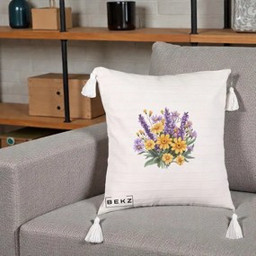 Perna Decorativa Lavanda cu Margarete Galbene si Lila, 40x40 cm, Bej cu Franjuri, Husa Detasabila, Perna Inclusa, BEKZ®