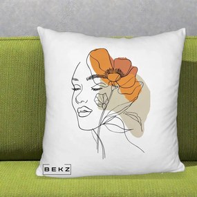 Perna Decorativa Portret Feminin Mac Mare Portocaliu, 40x40 cm, Alb Pufos, Husa Detasabila, Perna Inclusa, BEKZ®