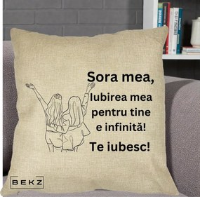 Cadou pentru Sora - Perna Personalizata Sora Mea Te Iubesc Line Art Doua Fete cu Brate Ridicate, 40x40 cm, Crem, Husa Detasabila, Perna Inclusa, BEKZ®
