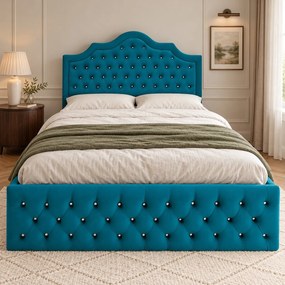 Pat tapițat Chesterfield din catifea Imperio Deluxe 180×200 cm, turcoaz, cu ladă de depozitare