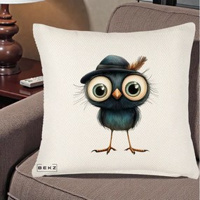Perna Decorativa Pui Misterios cu Palarie Neagra, 40x40 cm, Crem Reliefat, Husa Detasabila, Perna Inclusa, BEKZ®