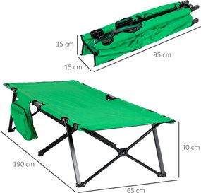 Outsunny Pat de camping, pat pliabil, pat pliabil cu buzunar lateral, suport pentru băuturi, suportând până la 136 kg, cadru din oțel Oxford Verde+Negru 190 x 65 x 40 cm | Aosom Romania