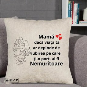 Cadou pentru Mama - Perna Personalizata Mama Nemuritoare Portret Graphic, 40x40 cm, Bej Canapea, Husa Detasabila, Perna Inclusa, BEKZ®