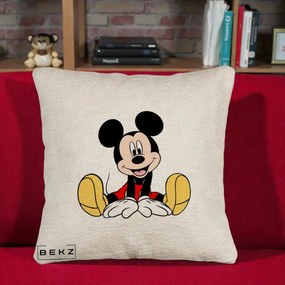 Perna Personalizata Mickey Mouse Relaxat, 40x40 cm, Bej Canapea, Husa Detasabila, Perna Inclusa, BEKZ®