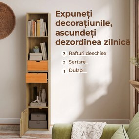 HOMCOM Bibliotecă Îngustă cu 6 Rafturi, Sertare, Ușă și Polițe Deschise, 30x24x158 cm, Stejar | Aosom Romania