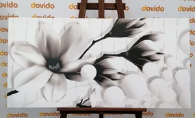 Tablou magnolie cu elemente abstracte alb-negru