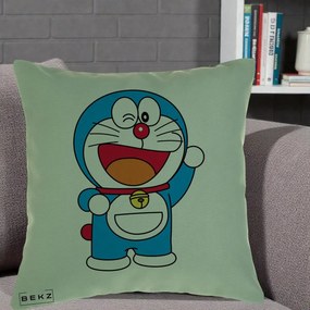 Perna Personalizata Doraemon Salutand, 40x40 cm, Verde, Husa Detasabila, Perna Inclusa, BEKZ®
