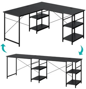 Birou in forma de L, cu rafturi, transformabil, negru