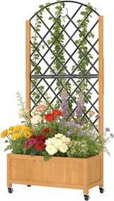 Outsunny Jardinieră înaltă cu grilaj metalic, jardiniere din lemn cu roți, jardinieră outdoor, maro | Aosom Romania