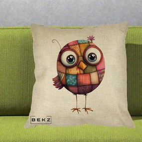 Perna Decorativa Pasare Patchwork Roz cu Floare, 40x40 cm, Crem, Husa Detasabila, Perna Inclusa, BEKZ®