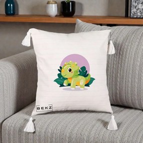Perna Decorativa Triceratops Kawaii Verde, 40x40 cm, Bej cu Franjuri, Husa Detasabila, Perna Inclusa, BEKZ®