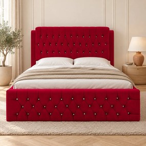 Pat tapițat Chesterfield din catifea Aveline Deluxe 140×200 cm, roșu, cu ladă de depozitare