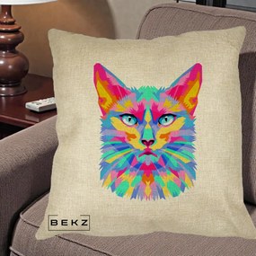 Perna Decorativa Pisica Pop Art Multicolor, 40x40 cm, Crem, Husa Detasabila, Perna Inclusa, BEKZ®
