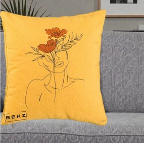 Perna Decorativa Portret Feminin Doua Flori, 40x40 cm, Galben, Husa Detasabila, Perna Inclusa, BEKZ®