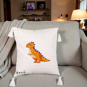 Perna Decorativa T-Rex Portocaliu, 40x40 cm, Bej cu Franjuri, Husa Detasabila, Perna Inclusa, BEKZ®