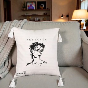 Perna Decorativa Art Lover Portret Grafic, 40x40 cm, Bej cu Franjuri, Husa Detasabila, Perna Inclusa, BEKZ®