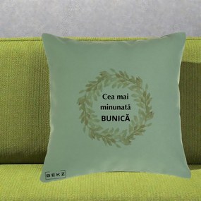 Cadou pentru Bunica - Perna Personalizata Cea Mai Minunata Bunica Coronita Frunze Acuarela, 40x40 cm, Verde, Husa Detasabila, Perna Inclusa, BEKZ®