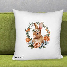 Perna Decorativa Iepuras Floral Coronita Acuarela, 40x40 cm, Alb Pufos, Husa Detasabila, Perna Inclusa, BEKZ®