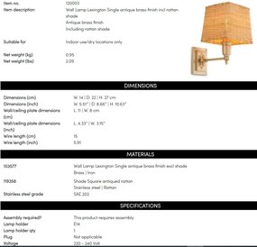 Aplica de perete LUX cu abajur din ratan Lexington alama antic