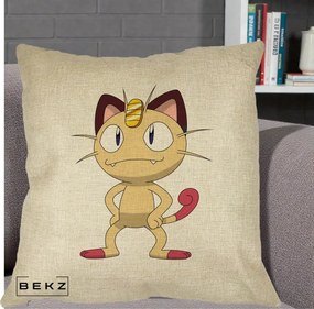 Perna Personalizata Meowth Pokemon, 40x40 cm, Crem, Husa Detasabila, Perna Inclusa, BEKZ®