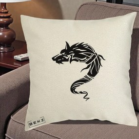 Perna Decorativa Lup Tribal Alb-Negru, 40x40 cm, Ecru, Husa Detasabila, Perna Inclusa, BEKZ®