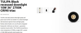 Spot LED incastrabil TULIPA Black recessed downlight 10W 36° 2700K CRI90 triac