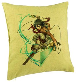 Perna Decorativa cu Attack on Titan Mikasa, 40x40 cm, Verde, Husa Detasabila, Burduf