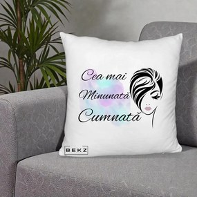 Cadou pentru Cumnata - Perna Personalizata Cea mai Minunata Cumnata cu Silueta Dama si Pete Multicolor, 40x40 cm, Alb Pufos, Husa Detasabila, Perna Inclusa, BEKZ®