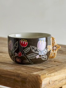 Set 4 boluri din ceramică artizanală, multicolor, pictate manual cu motive florale, cu toarte sculptate în formă de pasăre, 13x8 cm, „Vivielle"