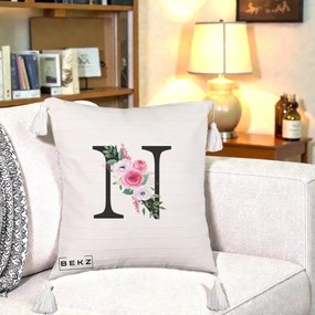 Cadou Personalizat - Perna Personalizata Monograma Florala Litera N, 40x40 cm, Bej cu Franjuri, Husa Detasabila, Perna Inclusa, BEKZ®