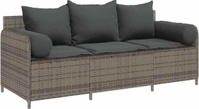 vidaXL Canapea de grădină cu perne, cu 3 locuri, gri, poliratan