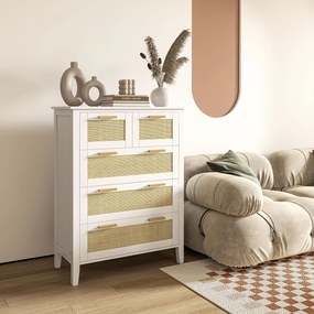 HOMCOM Comodă 5 sertare mânere de lemn masiv șine de metal pentru birou salon dormitor 77 x 37 x 104 cm alb | Aosom Romania
