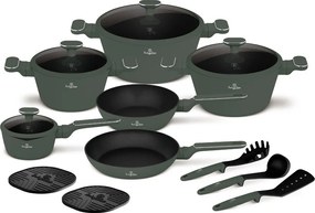 Set oale si tigai cu capace, 15 piese Green Matt Berlinger Haus BH 8208N, verde mat, antiaderente cu titan, inductie