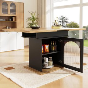 Masă de dining extensibilă cu 3 rafturi și uși din sticlă, 110-140x80x76 cm, Negru
