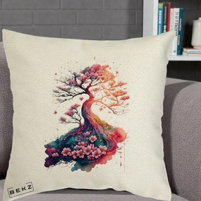 Perna Decorativa Copac Sakura Acuarela Fantasy, 40x40 cm, Ecru, Husa Detasabila, Perna Inclusa, BEKZ®