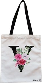 Sacosa de Panza pentru Cumparaturi, Geanta Tote, Cu litera V si Trandafiri, Cu fermoar, 38x34.5 cm, Alba, BEKZ®