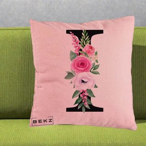 Cadou Personalizat - Perna Personalizata Monograma Florala Litera I, 40x40 cm, Roz, Husa Detasabila, Perna Inclusa, BEKZ®