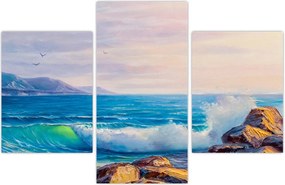 Tablou - Valuri lovind stânci, pictură în ulei (90x60 cm)