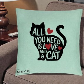 Perna Personalizata All You Need is Love and a Cat, 40x40 cm, Verde Menta, Husa Detasabila, Perna Inclusa, BEKZ®