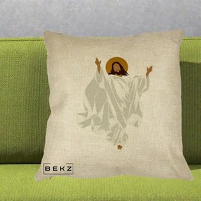 Perna Decorativa Iisus Hristos Invierea Silueta Minimalista, 40x40 cm, Crem, Husa Detasabila, Perna Inclusa, BEKZ®