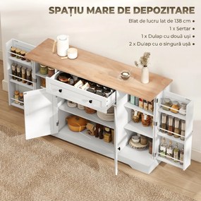 HOMCOM Servantă Bucătărie Modernă cu Sertar și 4 Uși, Dulap Bucătărie cu Rafturi Reglabile, 6 Suporturi pentru Condimente, 138x40x83,5 cm, Alb | Aosom Romania