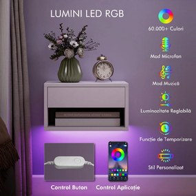 HOMCOM Set 2 Noptiere Suspendate cu LED RGB Integrat și Reglabil prin Aplicație, Sertar și Raft, 37x32x21 cm, Alb | Aosom Romania
