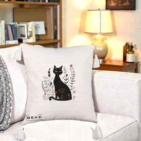 Perna Decorativa Pisica Neagra Botanica Rosu-Gri, 40x40 cm, Bej cu Franjuri, Husa Detasabila, Perna Inclusa, BEKZ®