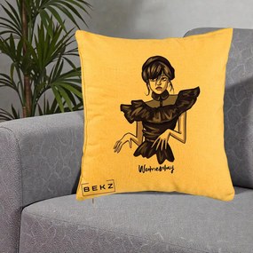 Perna Personalizata Wednesday Addams Dans Gotic, 40x40 cm, Galben, Husa Detasabila, Perna Inclusa, BEKZ®